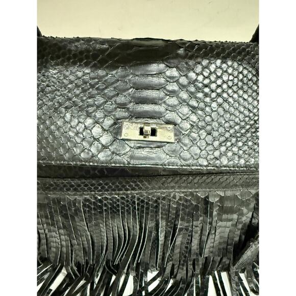 Studio LX Fringe Birkin Snake Black Leather Textured Satchel Handbag - Picture 9 of 11